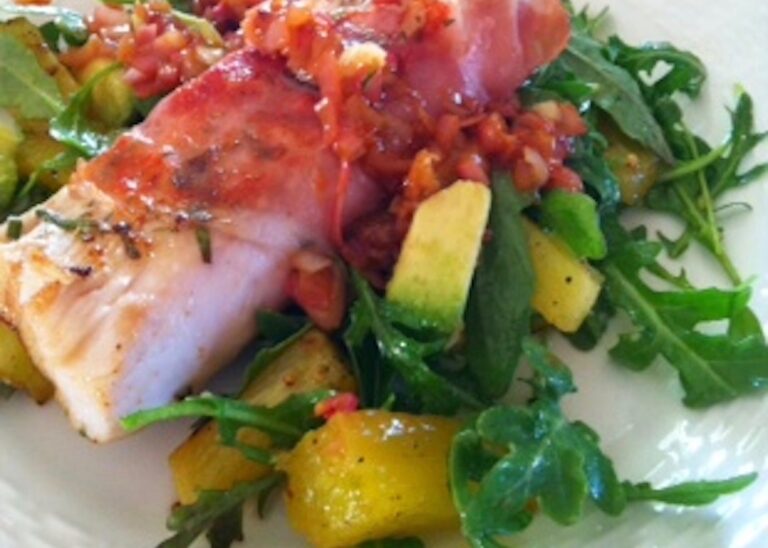 Pineapple, Avocado and Arugula Salad with Prosciutto-wrapped Mahi-Mahi