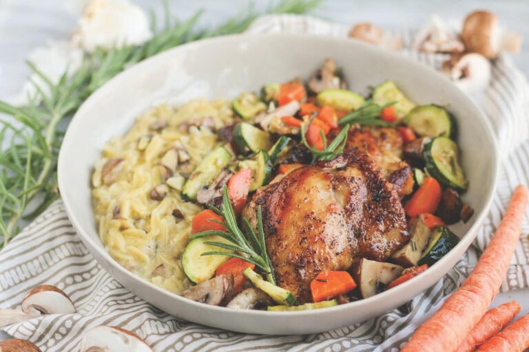 ￼Garlic-Rosemary Butter Roasted Chicken Thighs and Veggies with Mushroom Orzo Risotto